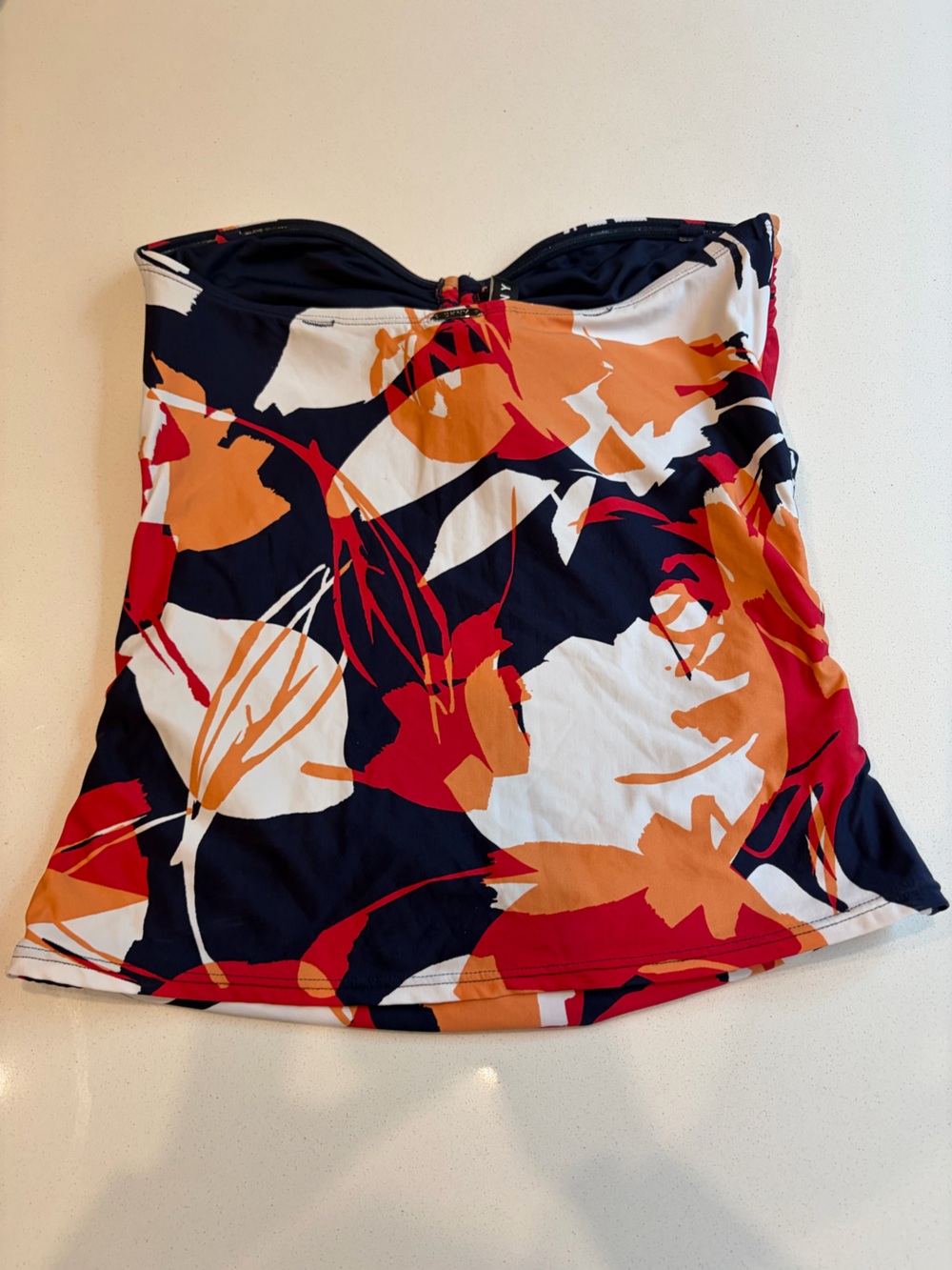 DKNY Navy Swim Top with Red, Orange & White Floral Print